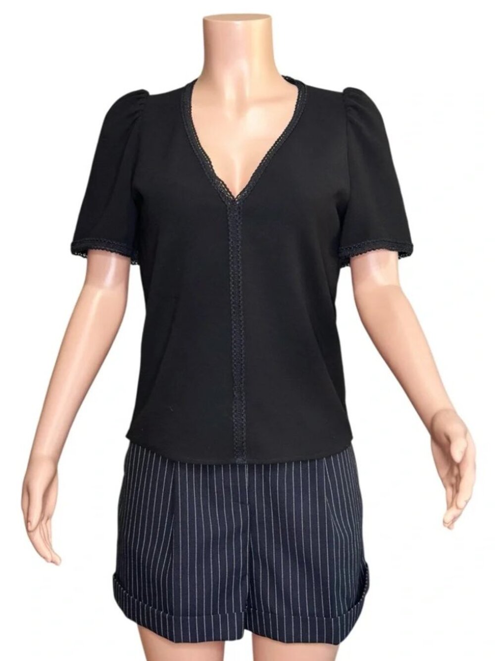 Sezane | Black V-Neck Lace-Trim Top - Picture 2 of 8